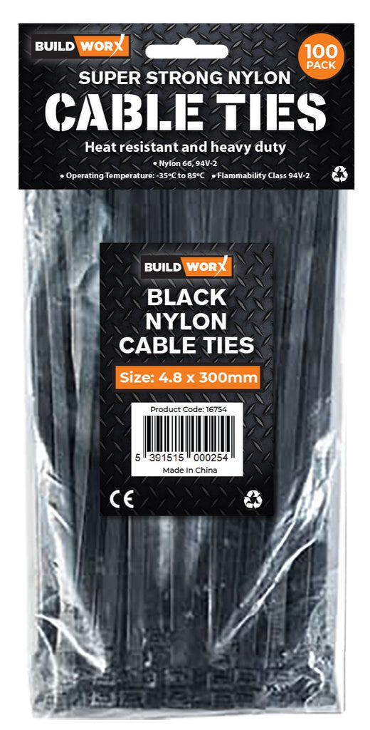 Buildworx Cable Ties 4.8 x 300 Black 100 Pack