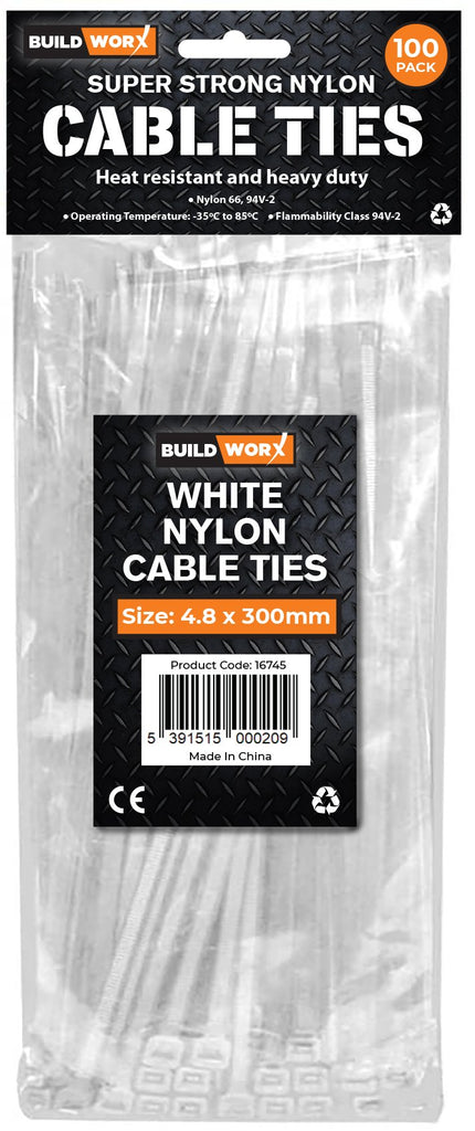 Buildworx Cable Ties 4.8 x 300 White 100 Pack