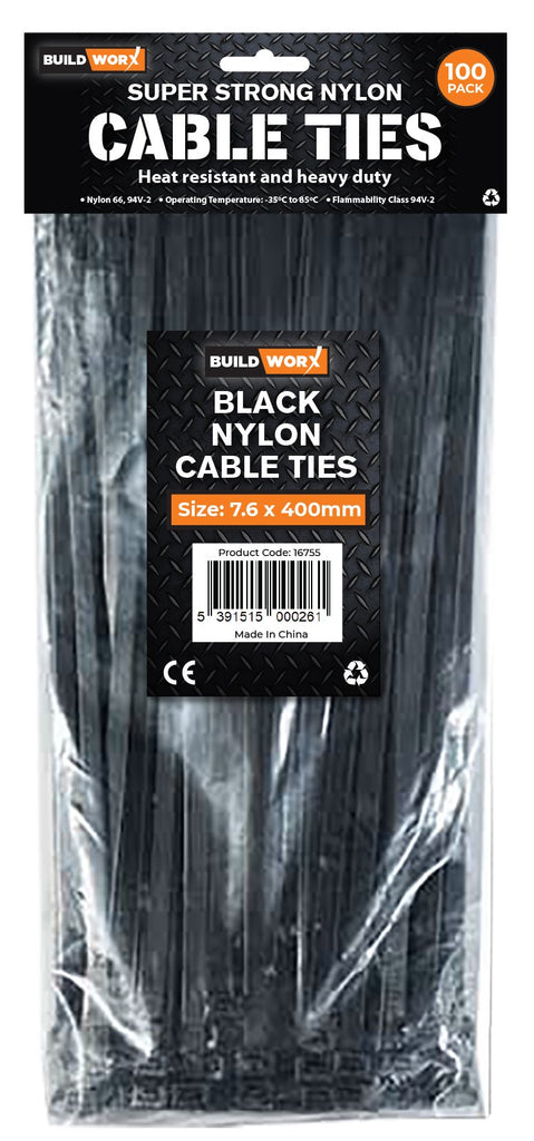 Buildworx Cable Ties 7.6 x 400 Black 100 Pack