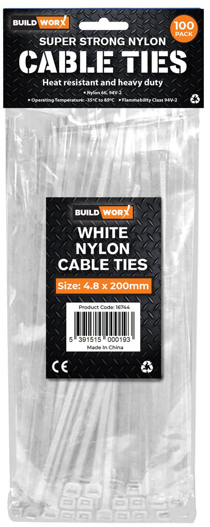 Buildworx Cable Ties 4.8 x 200 White 100 Pack