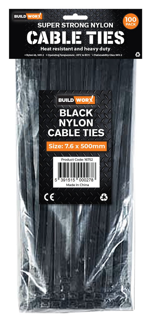 Buildworx Cable Ties 7.6 x 500 Black 100 Pack