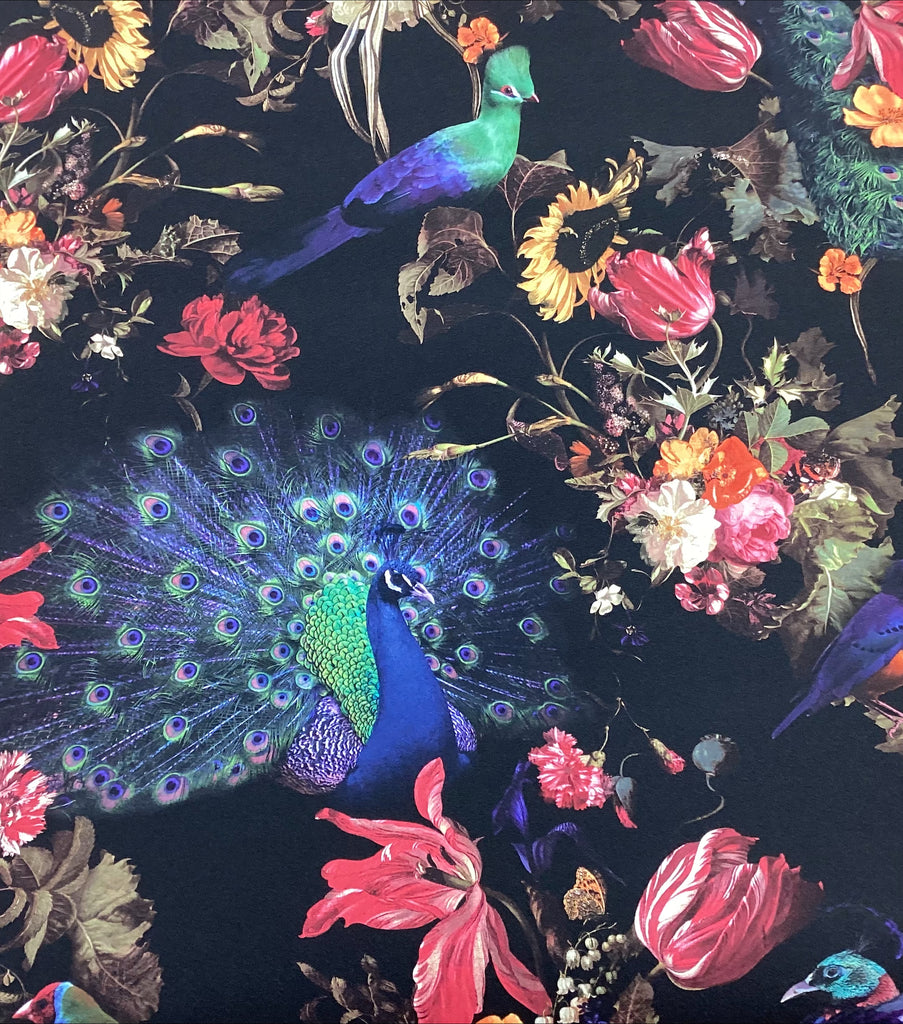 Black Peacock Flower Pattern Wallpaper